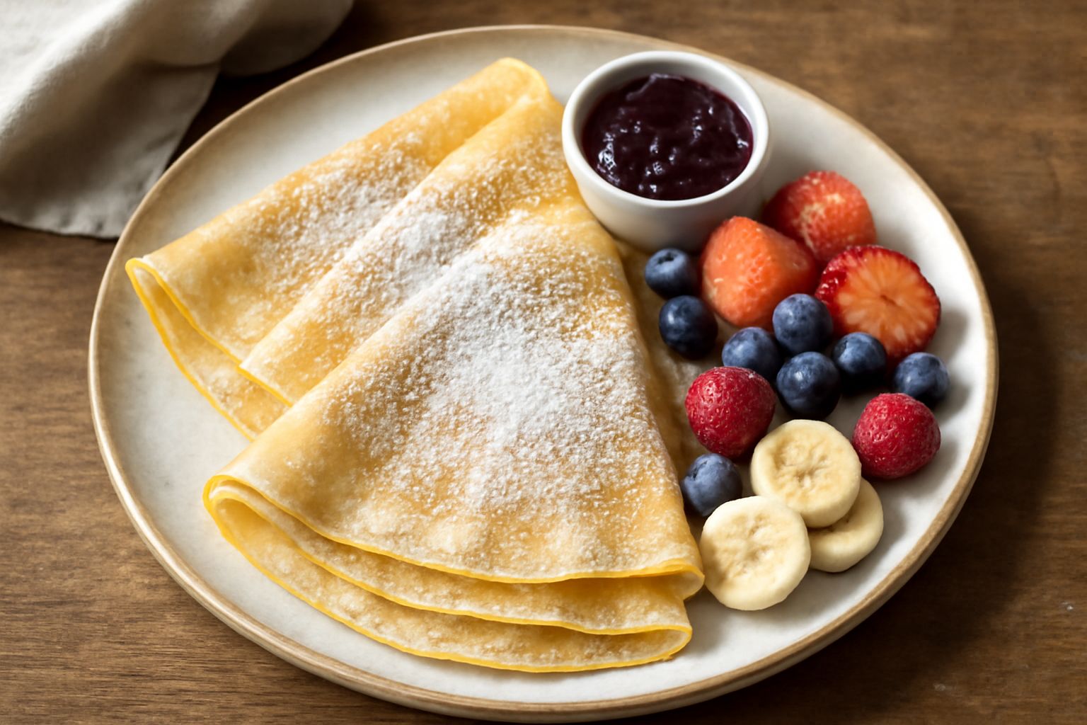 Tre crespelle piegate a triangolo su piatto bianco, dorate e sottili, con leggera guarnizione di zucchero a velo e una ciliegia rossa al centro