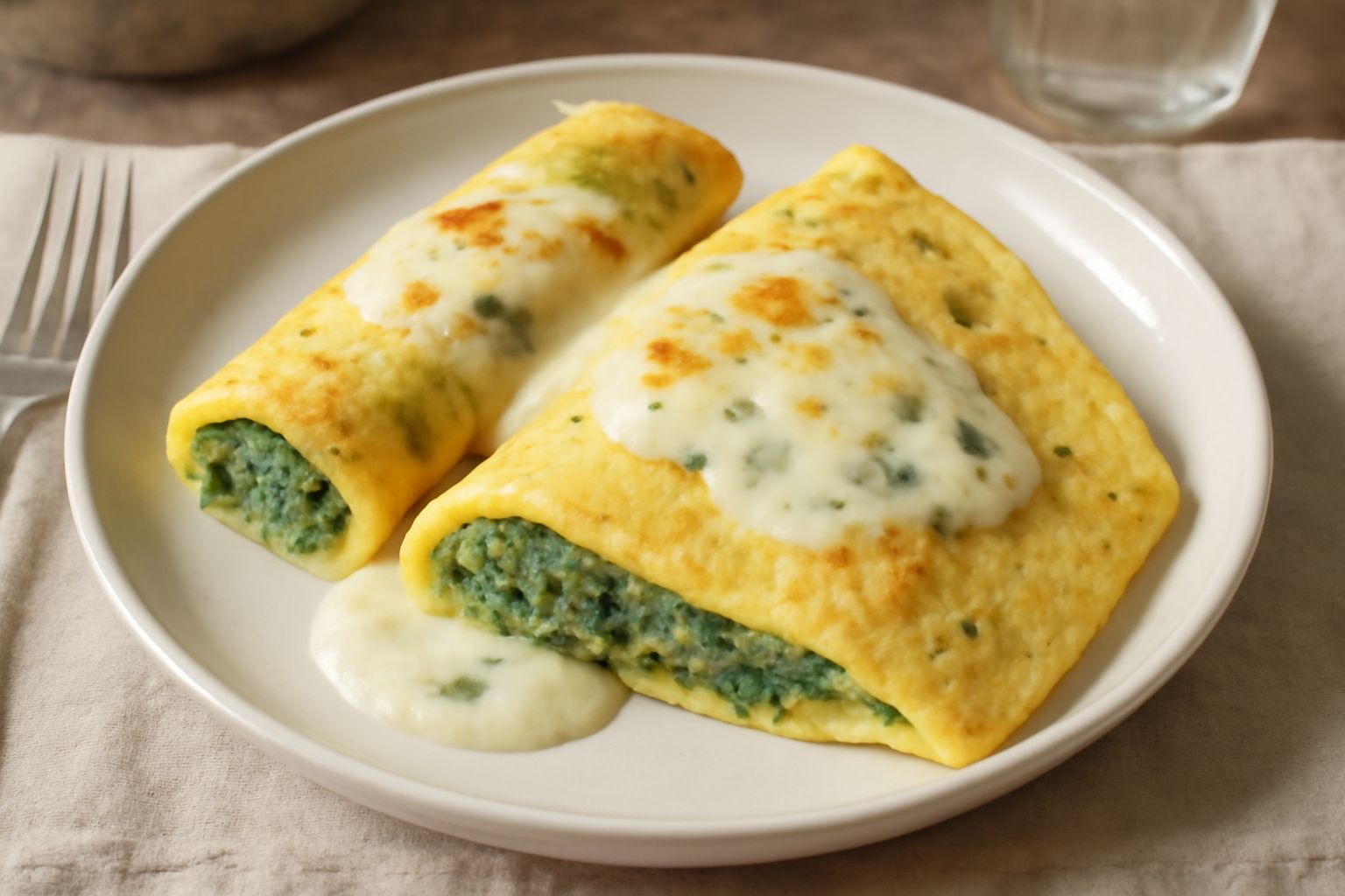 Due crespelle piegate a triangolo, gialle e dorate, ricoperte di besciamella bianca cremosa, guarnite con una foglia di prezzemolo fresco, su un piatto bianco con contorno di spinaci saltati in padell