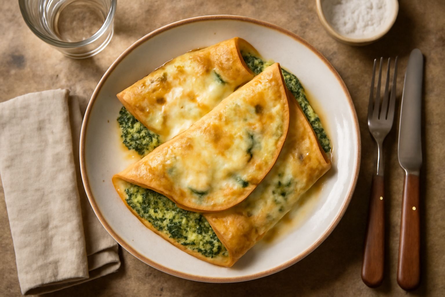 Tre crespelle piegate in quattro coperte di salsa bianca con erbette verdi visibili nel ripieno, su piatto bianco con forchetta