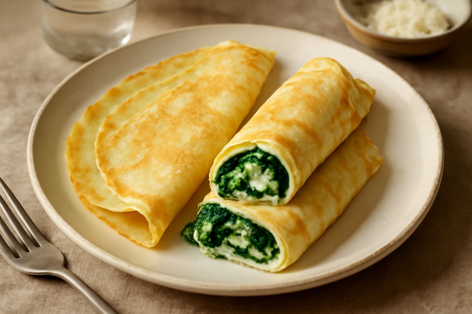 Tre crespelle di magro arrotolate su piatto bianco, ripiene di verdure crude e condite con olio, accompagnate da foglie fresche di insalata