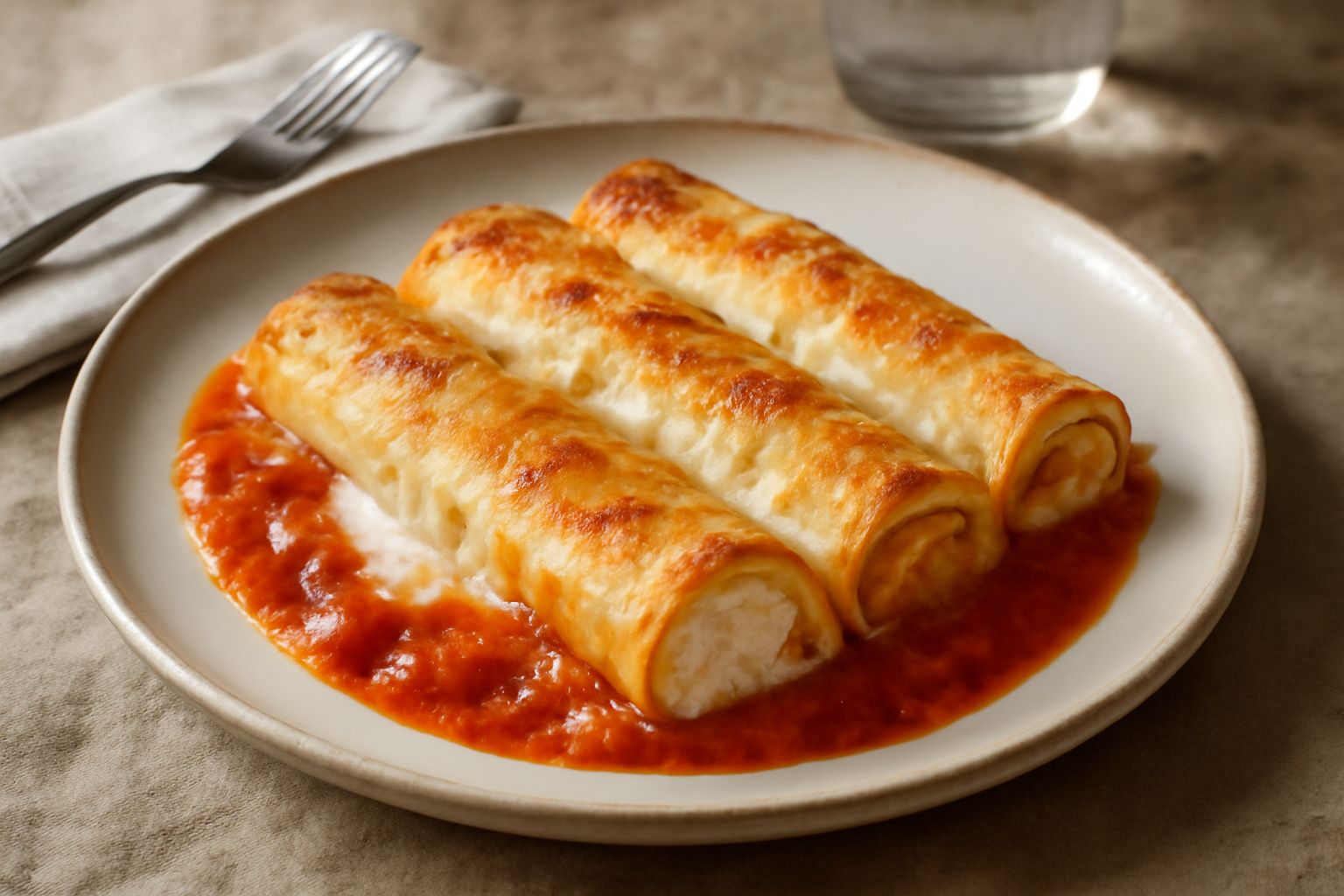 Crespelle di ricotta dorate e rotolate nel piatto, coperte di salsa di pomodoro rosso vivo e formaggio gratinato, bordo di prezzemolo fresco verde