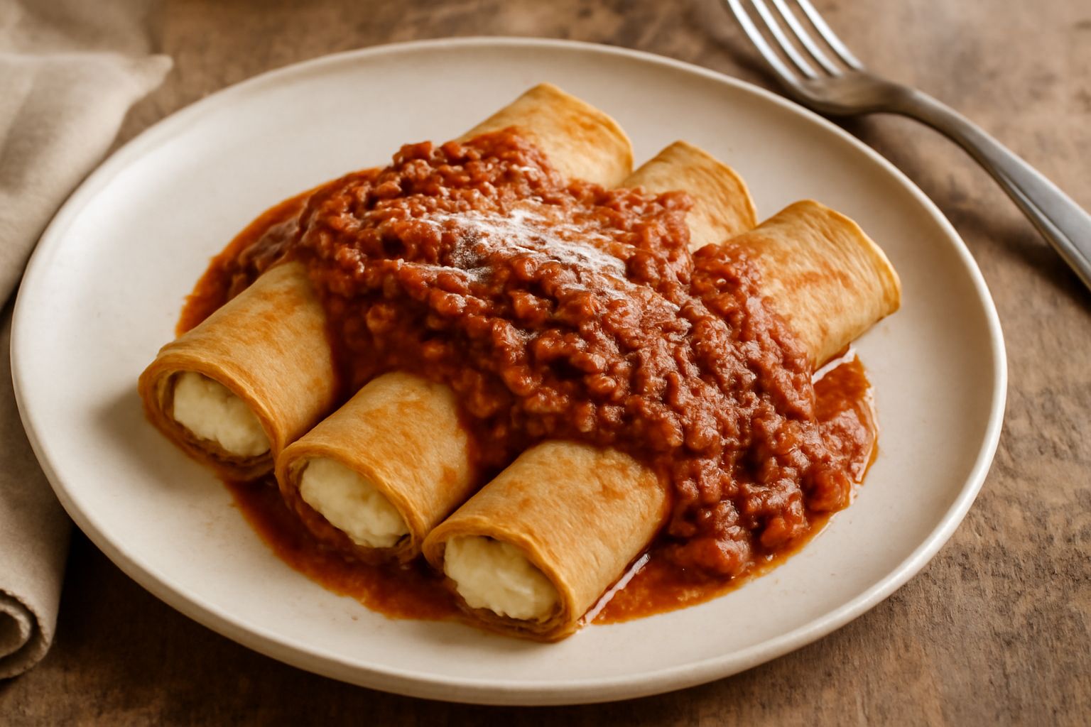 Tre crespelle arrotolate in un piatto bianco, coperte di ragù scuro e una leggera spolverata di parmigiano, con una piccola foglia di basilico sulla superficie