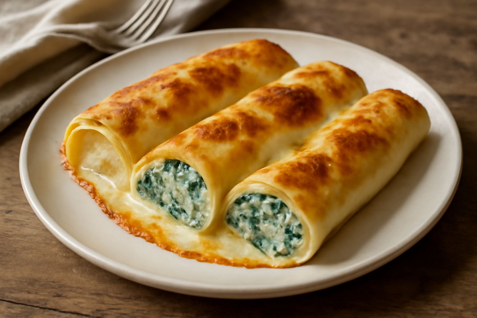 Tre crespelle piegate su un piatto bianco, ricoperte di besciamella cremosa e formaggio dorato, con un bordo di spinaci verdi visibile all'interno. Lato sfondo neutro grigio.