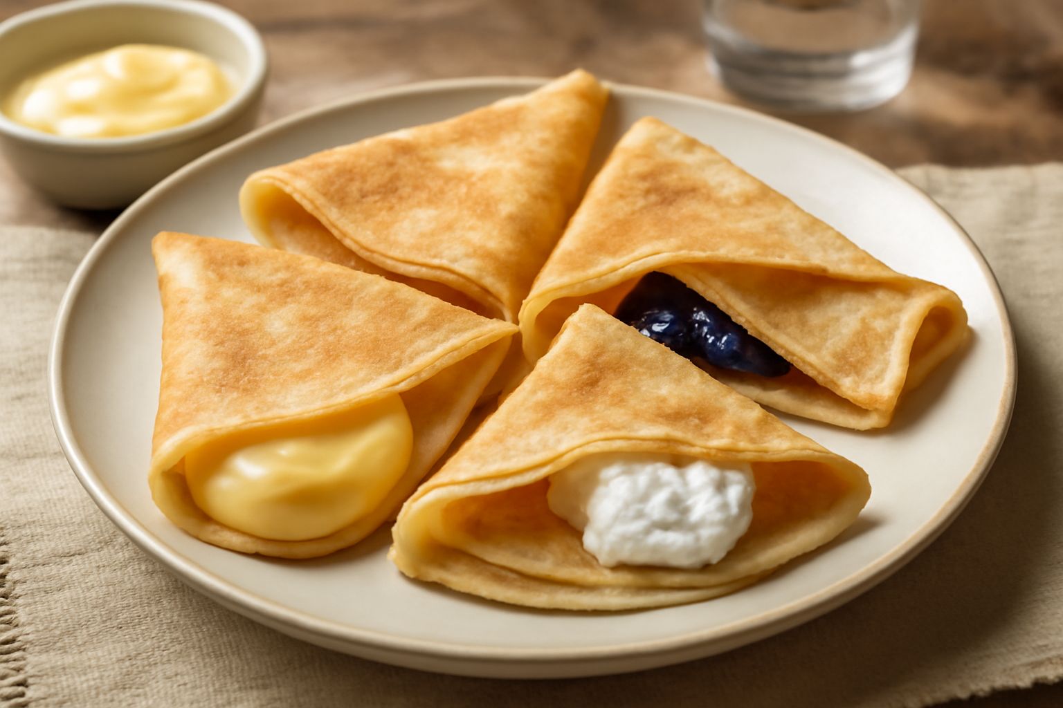 Tre crespelle dolci piegate a triangolo su piatto bianco, ripiene di crema pasticcera gialla e cosparse di zucchero a velo, con una fragola rossa di contorno