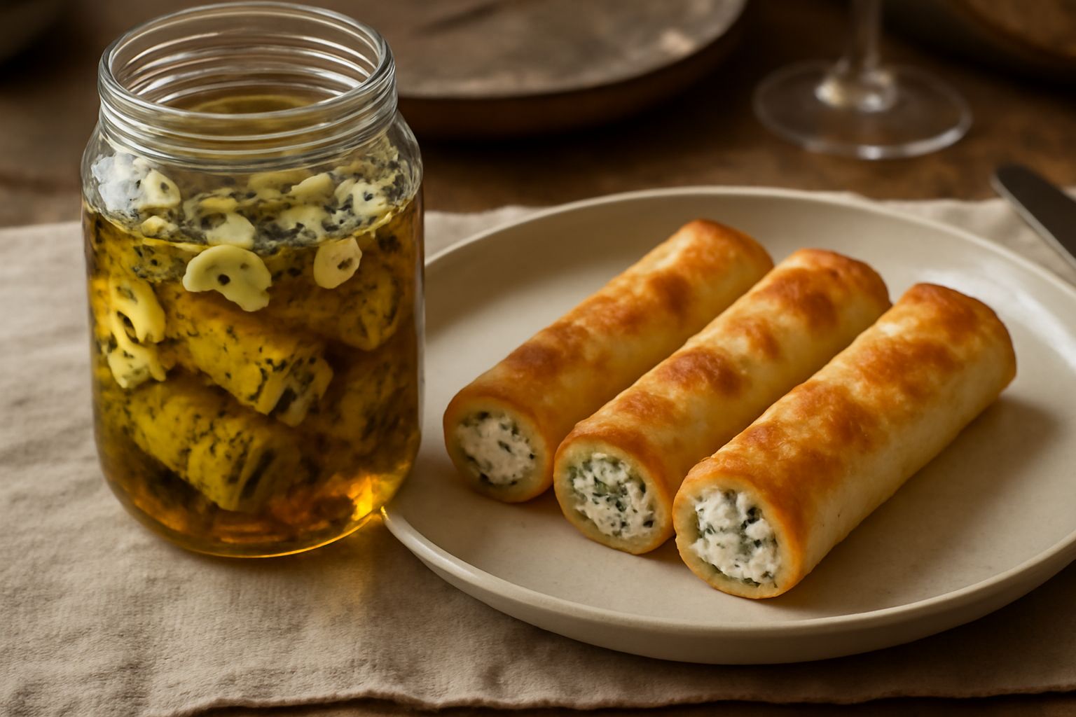 Barattolo di vetro con crespelle arrotolate in olio trasparente, decorato con fette di aglio e rametti di rosmarino e prezzemolo, su fondo bianco