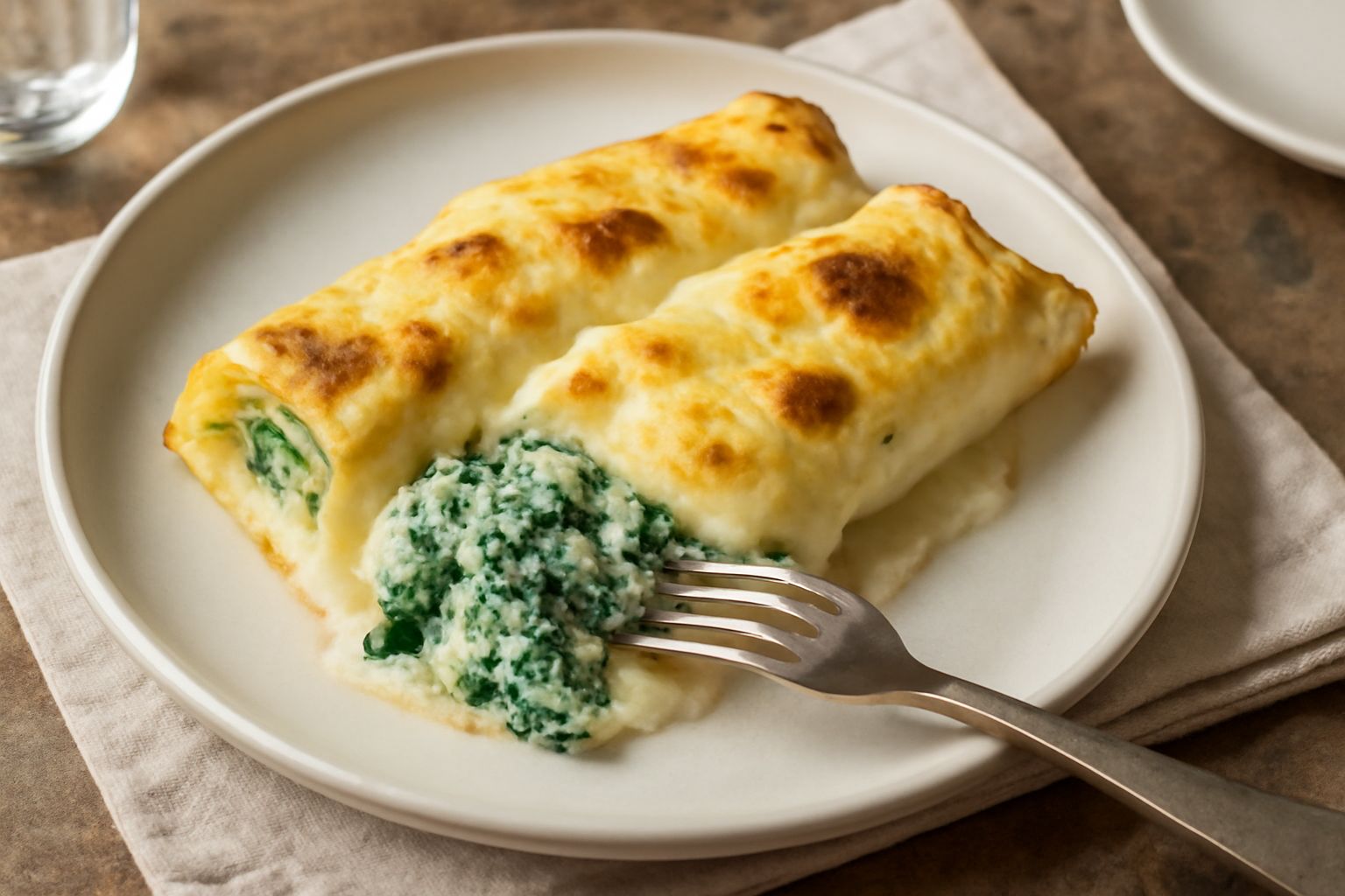 Tre crespelle ripiene di ricotta e spinaci, coperte di besciamella bianca e formaggio fuso dorato, appoggiate su un piatto bianco con contorno di insalata verde