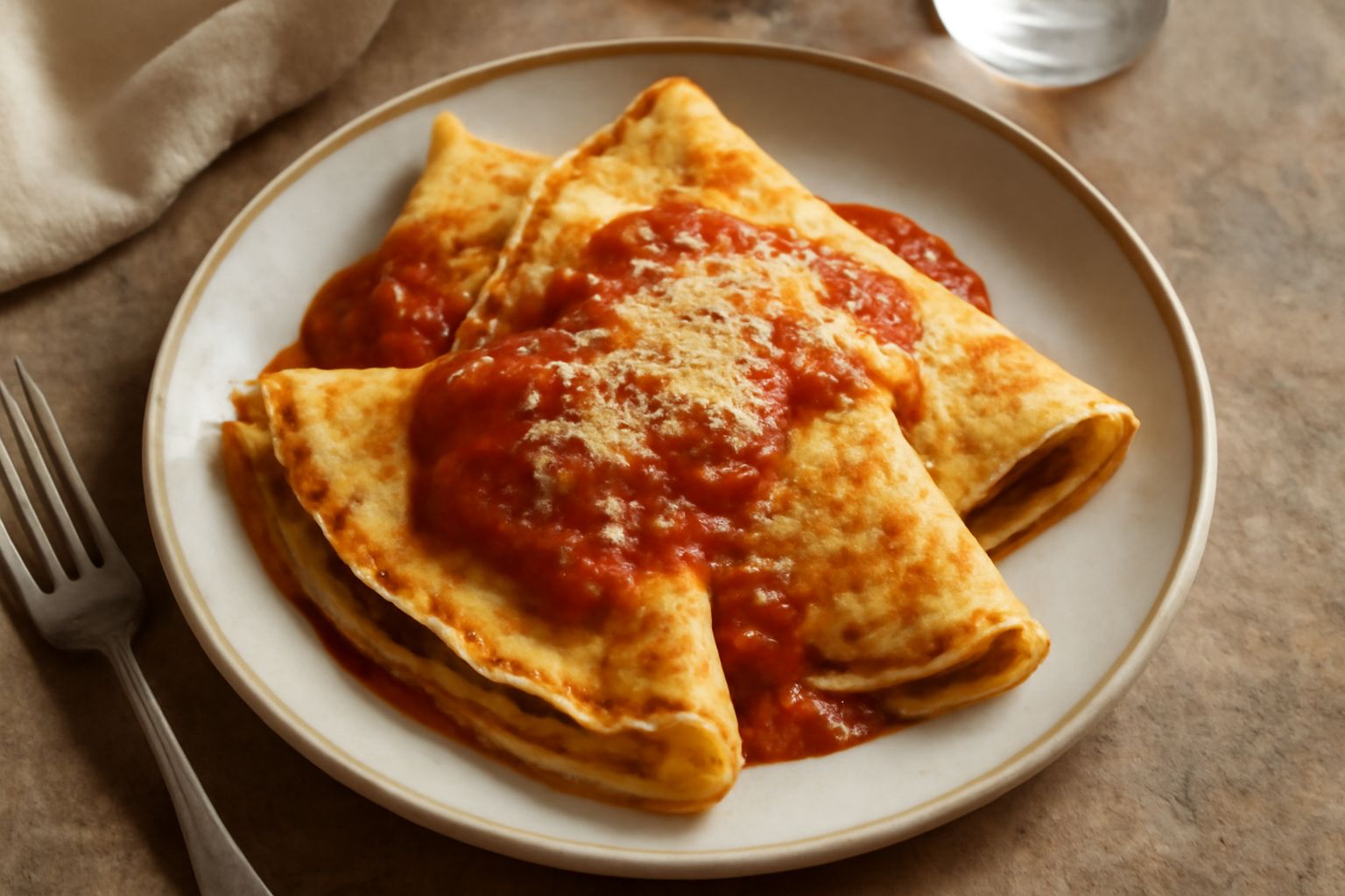 Tre crespelle salate piegate a metà su un piatto bianco, ripiene di ricotta e spinaci, con una grattugia di parmigiano sopra e contorno di insalata verde