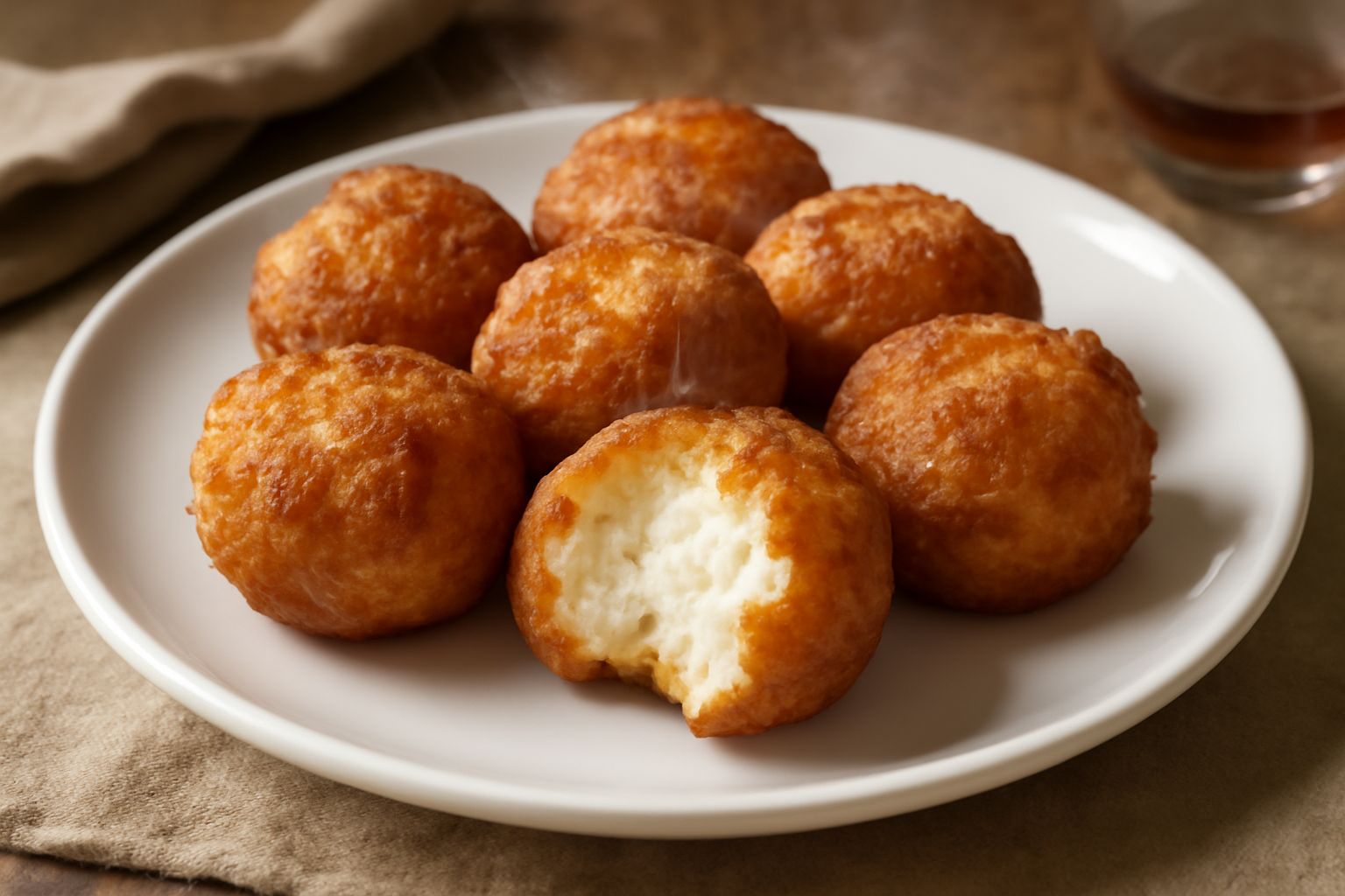 Tre crispelle dorate e croccanti disposte su piatto bianco, cosparse di zucchero a velo, con ricotta fresca in piccola ciotola accanto e limone tagliato a metà sullo sfondo