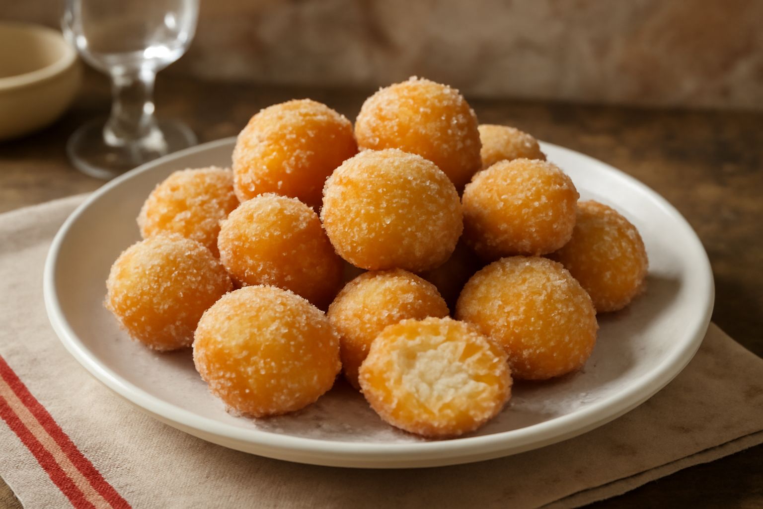 Crispelle di riso dorate e croccanti cosparse di zucchero di canna, disposte in fila su un piatto bianco, con una tazza di caffè sullo sfondo