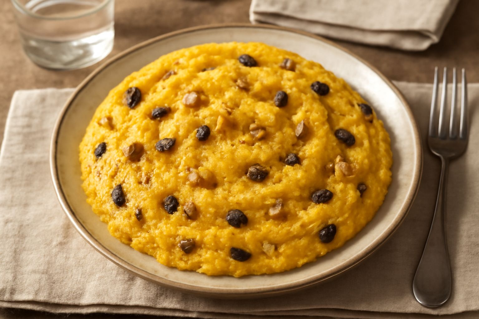 Ciotola di polenta cremosa e gialla con uvetta scura e pezzetti di noci sparsi in superficie, servita in un piatto di ceramica bianca