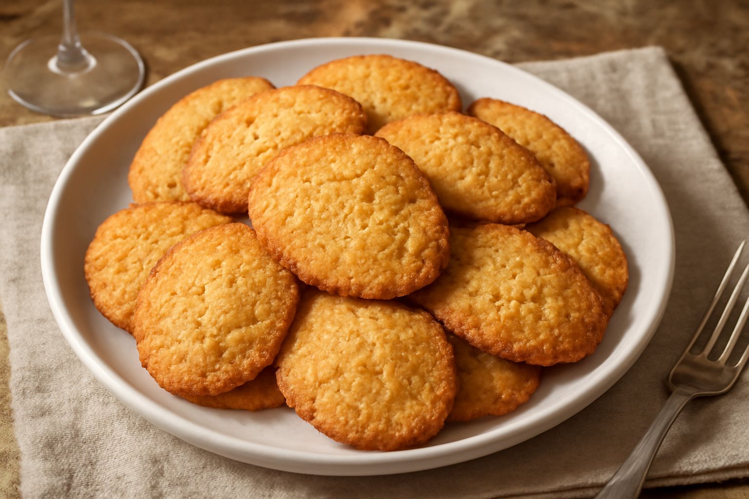 Crocantini dorati e croccanti disposti a cascata su un piatto bianco, con una trama visibile di zucchero cristallizzato sulla superficie, accanto una tazza di caffè sfuocata