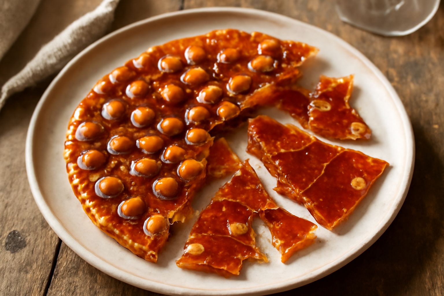Croccante di nocciole spezzato in frammenti irregolari, color caramello scuro, con nocciole visibili incastonate nella pasta dorata, servito su carta bianca su superficie di marmo