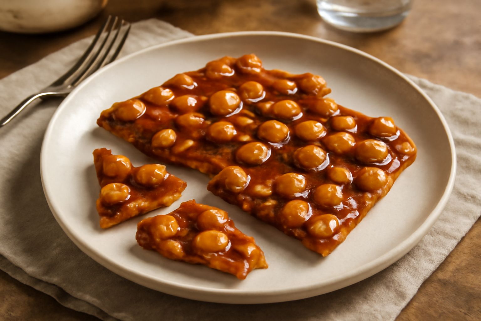 Croccante alle nocciole fatto in casa, spezzato in frammenti irregolari dorati e lucenti, con pezzi di nocciola visibili nella pasta caramellata, poggiato su carta pergamena bianca