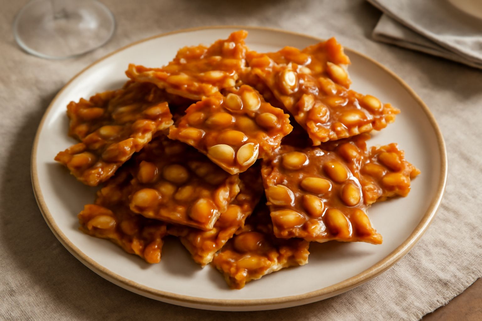 Pezzi di croccante di mandorle dal colore dorato ambrato, spezzati a mano con forme irregolari, mandorle intere visibili nella pasta caramellata, appoggiati su un piatto bianco