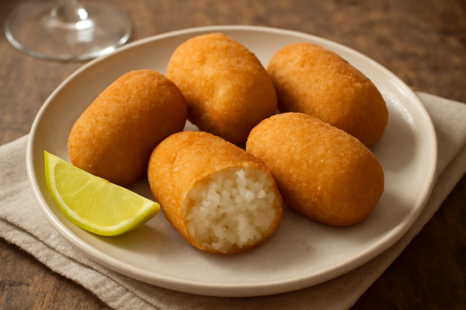 Crocchè di baccalà dorati e croccanti disposti su un piatto bianco, con superficie brunita e regolare, alcuni tagliati a metà per mostrare l'interno bianco e compatto con filamenti di baccalà