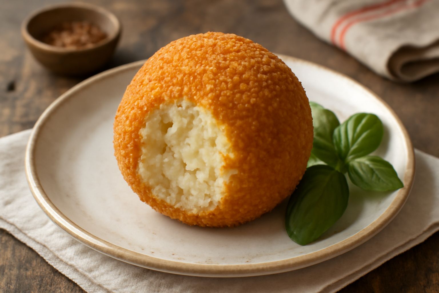 Sei crocchè di cavolfiore dorati e croccanti disposti su un piatto bianco, tagliato uno a metà per mostrare l'interno cremoso di cavolfiore con i granuli visibili, senza contorno, sfondo neutro