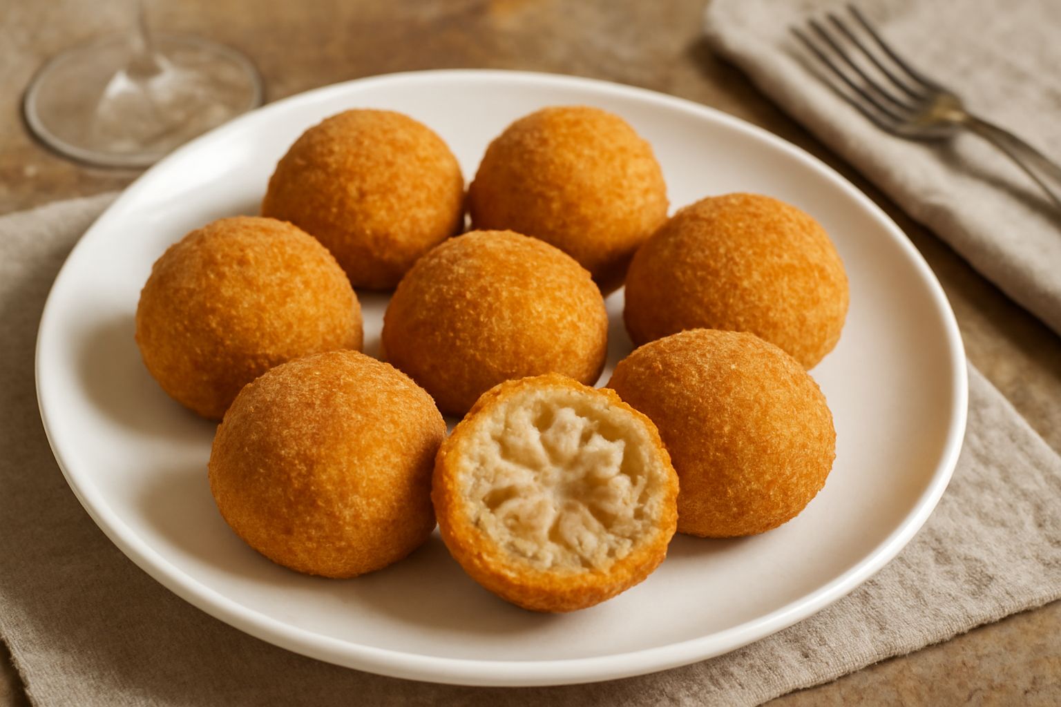 Crocchè di melanzana dorati e croccanti disposti su un piatto bianco con contorno di salsa di pomodoro, decorati con foglie di prezzemolo fresco