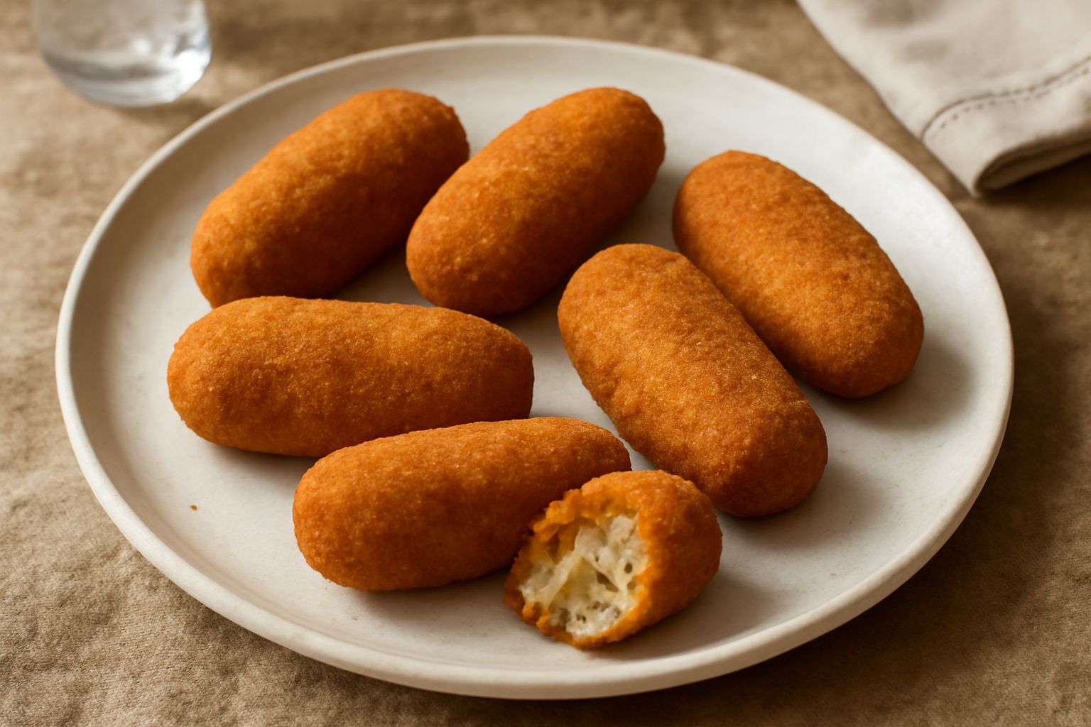 Quattro crocchè di melanzane dorate e croccanti disposte su un piatto bianco con una ciotola di salsa di pomodoro a lato e foglie di basilico fresco