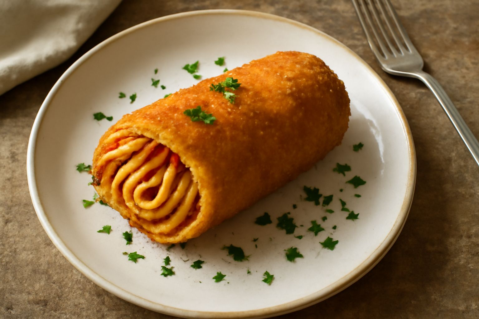 Tre crocchè di pasta dorati su un piatto bianco, uno tagliato a metà per mostrare l'interno cremoso con pezzi di pasta visibili, contorno di pomodorini rossi