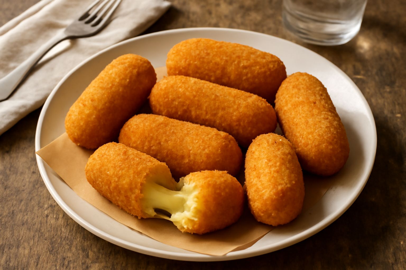 Quattro crocchè di patata dorati e croccanti disposti su carta bianca, spezzato uno a metà per mostrare l'interno morbido con filamenti di mozzarella