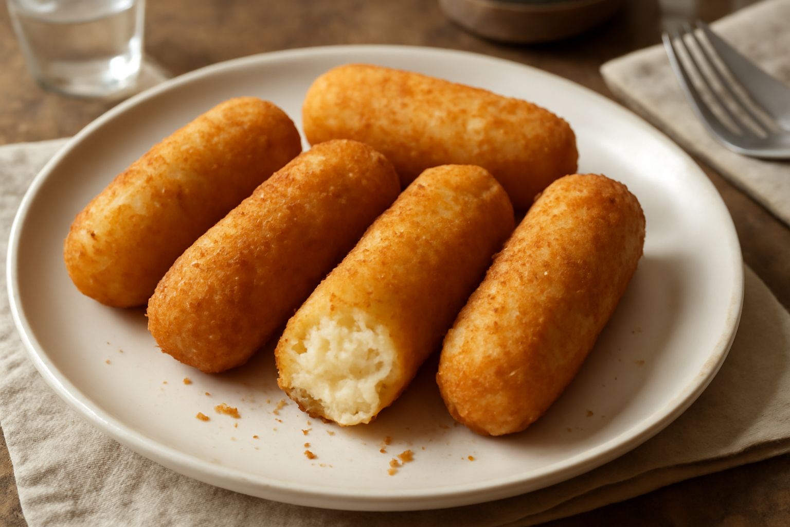 Sei crocchè di patate dorati e croccanti disposti su un piatto bianco con contorno di prezzemolo fresco, vista laterale che mostra la forma cilindrica e la doratura uniforme