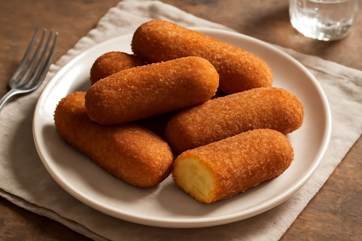 Crocchè dorati e croccanti disposti su piatto bianco, cilindri oblunghi crostosi color marrone scuro, con superficie rugosa, sfondo di pomodori rossi e foglie di basilico fresco