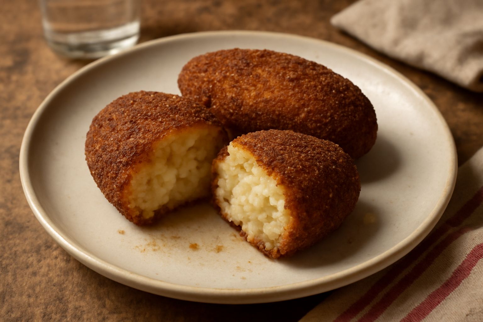 Tre crocchè molisani dorati e croccanti disposti su un piatto bianco, spezzati in metà per mostrare il ripieno cremoso di patate e ragù, con una pallina di mozzarella visibile nel centro