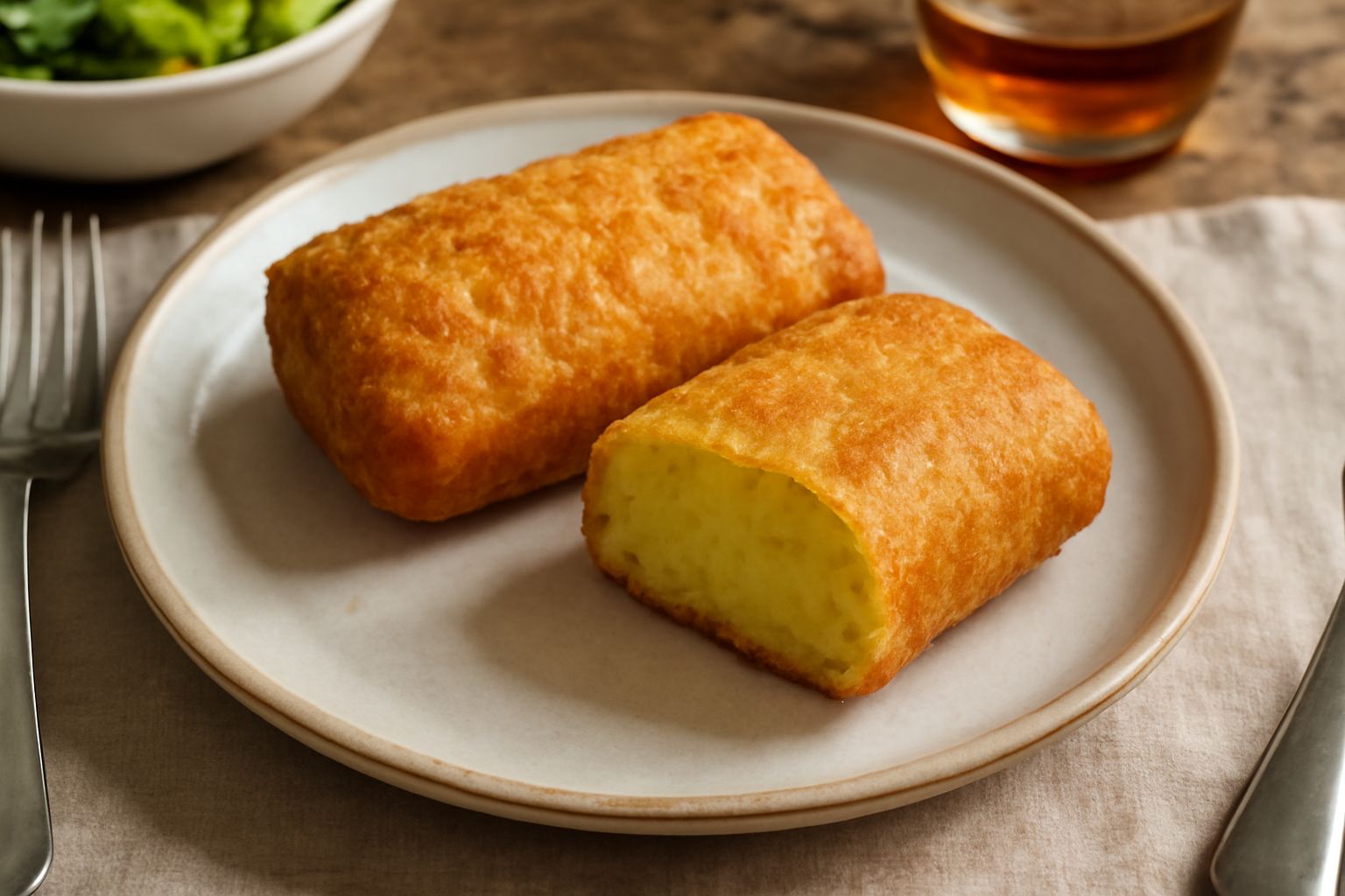 Tre crocchè nel pani appena fritti, dorati e croccanti, disposti su carta assorbente bianca. All'interno si vede il ripieno di ragù scuro e patate gialle. Intorno, una manciata di prezzemolo fresco e 