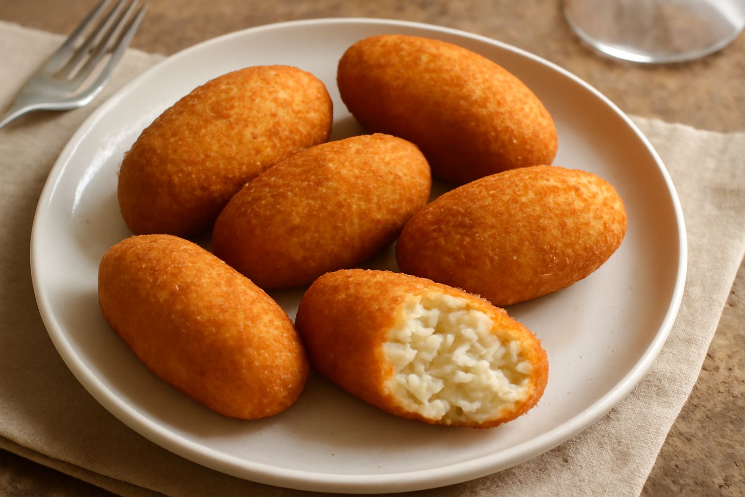 Crocchette di baccalà dorate e croccanti, disposte su un piatto bianco con sfondo neutro. Panatura color oro. Una crocchetta è tagliata a metà per mostrare l'interno bianco e cremoso con filamenti di 