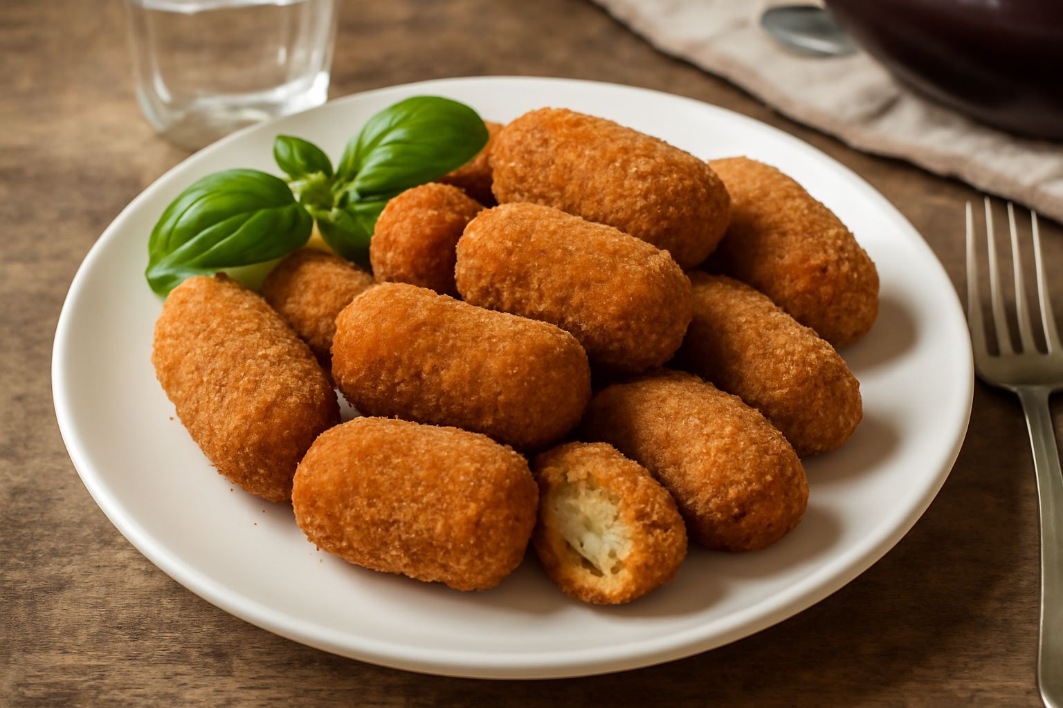 Crocchette di melanzana dorate e croccanti in primo piano, disposte su un piatto bianco con una ciotola di salsa pomodoro sfocata sullo sfondo