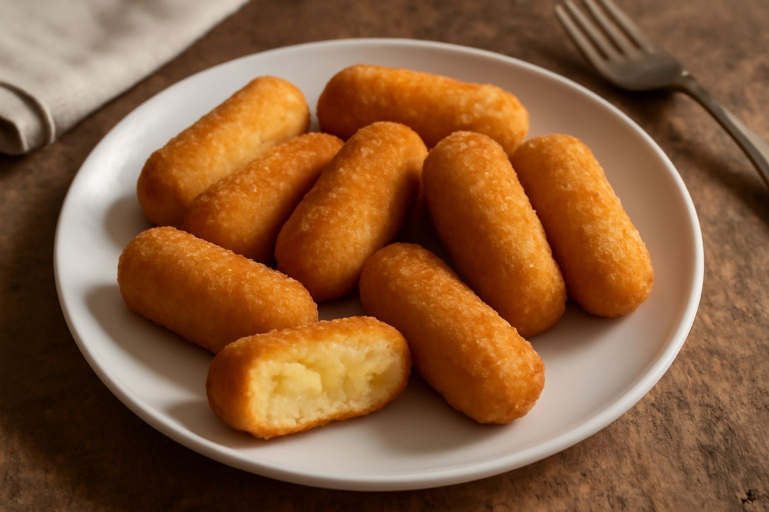 Crocchette di patata dorate e croccanti in primo piano su un piatto bianco, accanto a una piccola ciotola di maionese; sfondo neutro, patate crude tagliate a meta sullo sfondo sfocato