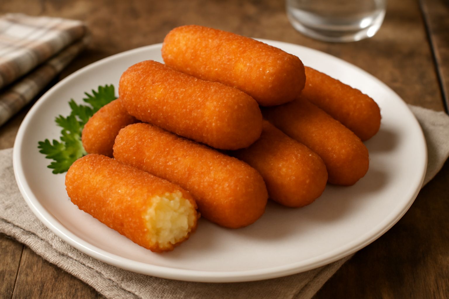Sei crocchette di patate dorate e croccanti su un piatto bianco, con una salsa di maionese accanto e fronde di prezzemolo fresco sparso intorno