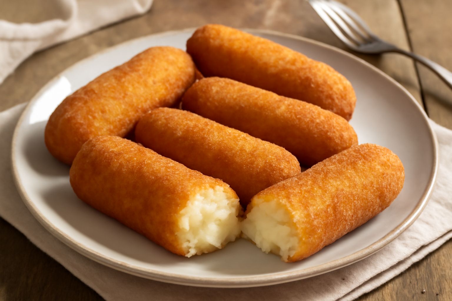 Sei crocchette dorate e croccanti disposte su un piatto bianco, tagliate a metà per mostrare il cuore cremoso di patate e formaggio filante, con una ciotola di maionese accanto