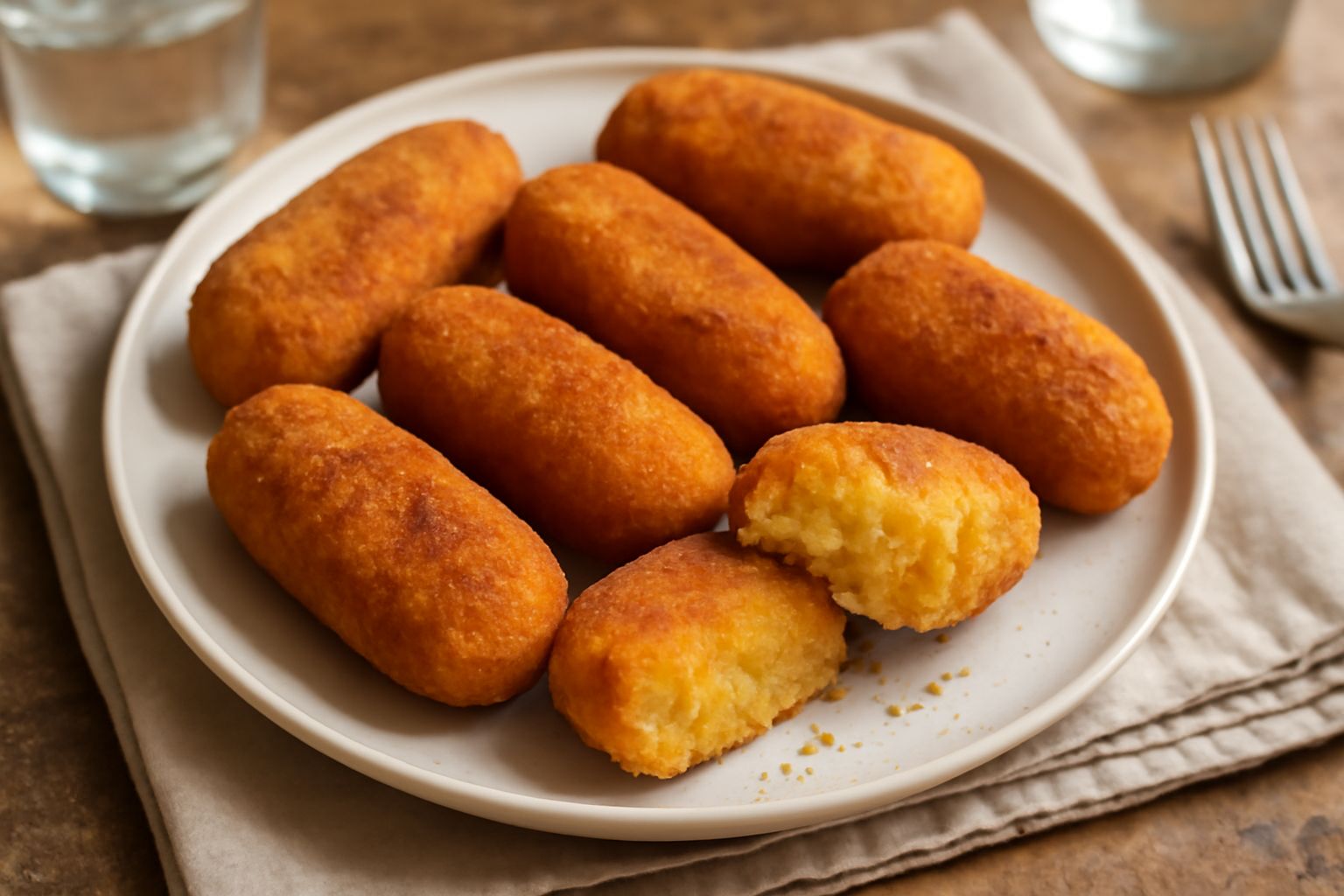 Crocchette di polenta dorate e croccanti disposte su un piatto bianco, tagliate a metà per mostrare il ripieno cremoso, guarnite con una foglia di prezzemolo fresco