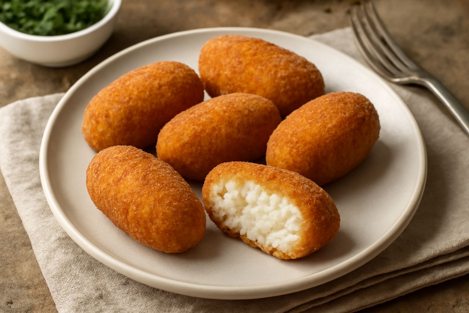 Crocchette di ricotta dorate e croccanti disposte su un piatto bianco, con forma ovale, panatura bionda e compatta, contorno di pomodori ciliegia e rucola fresca
