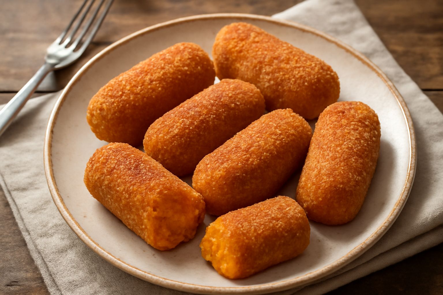 Crocchette dolci dorate e croccanti disposte su un piatto bianco, ricoperte di pangrattato tostato, con una leggera spolverata di zucchero a velo e una piccola ciotola di miele sul lato