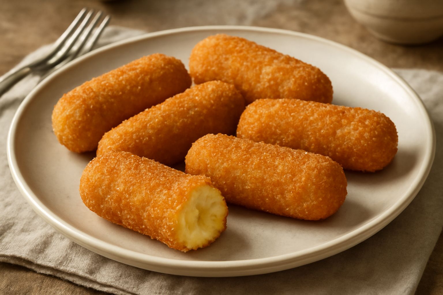 Crocette di patate dorate e croccanti disposte su un piatto bianco, piene di briciole panate fragranti, tagliate a metà per mostrare l'interno cremoso color avorio, guarnite con una foglia di prezzemo