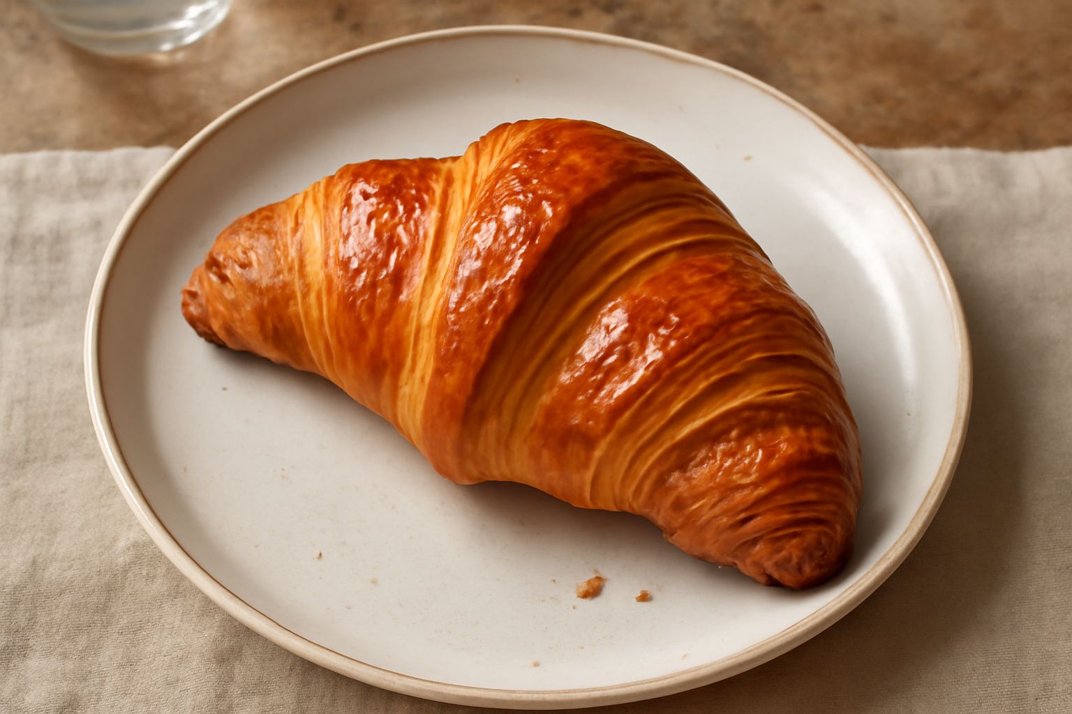 Tre croissant dorati e croccanti su una piastra di marmo bianco, tagliati a metà per mostrare gli strati sfogliati all'interno, con briciole sparse intorno