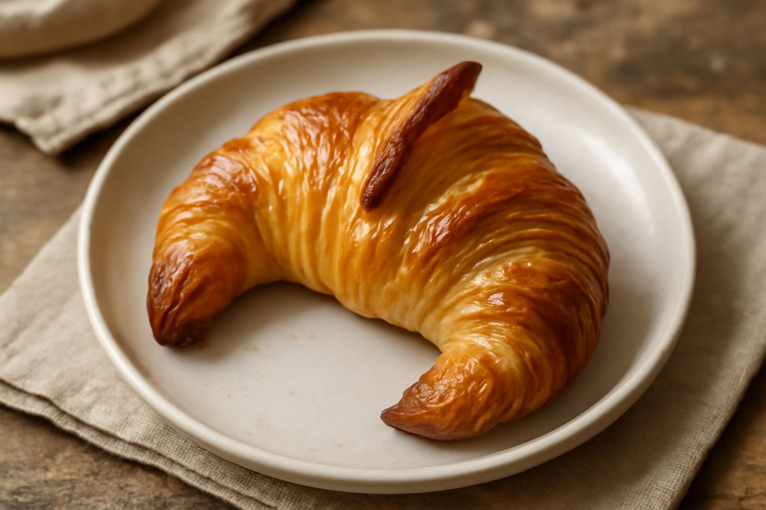 Tre croissant dolci color oro dorato disposti su carta pergamena bianca, superfice cornuta e croccante, una leggera polverata di zucchero a velo sul vertice, sfondo di cucina con mattone chiaro
