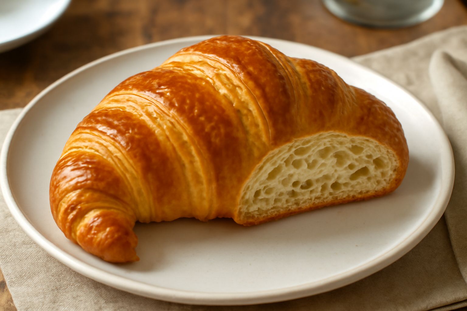 Croissant lombardi appena sfornati, dorati e lucidi, disposti in fila su un tavolo di legno con sfoglia stratificata ben visibile nel taglio, polvere di zucchero ai lati, retroilluminazione naturale d