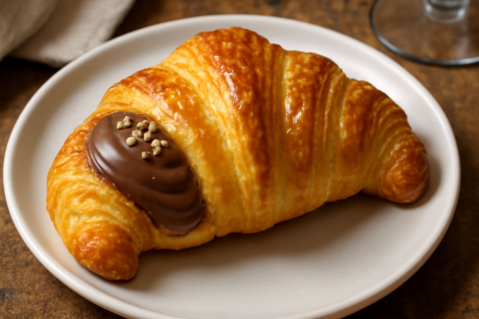 Croissant piemontese dorato in primo piano, spezzato a metà per mostrare la crema di gianduia e nocciole al suo interno, con glassa di zucchero sulla superficie e nocciole tostate intorno