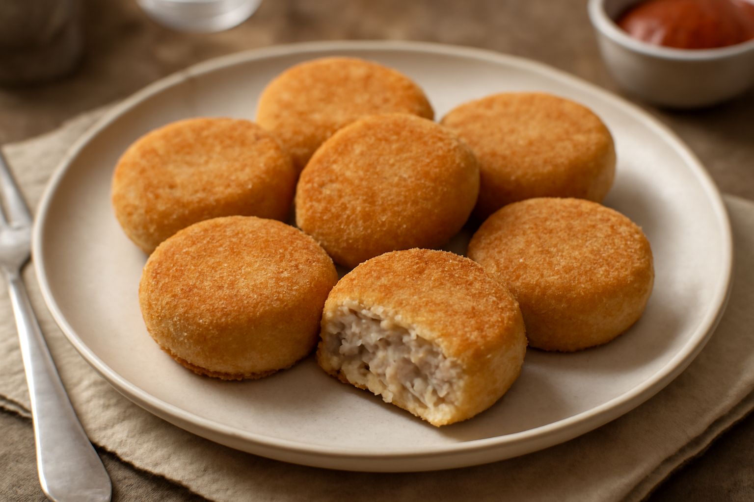 Croquette di melanzane rotonde, dorate e croccanti, appoggiate su un piatto bianco con una ciotola di salsa di yogurt accanto e qualche foglia di prezzemolo fresco