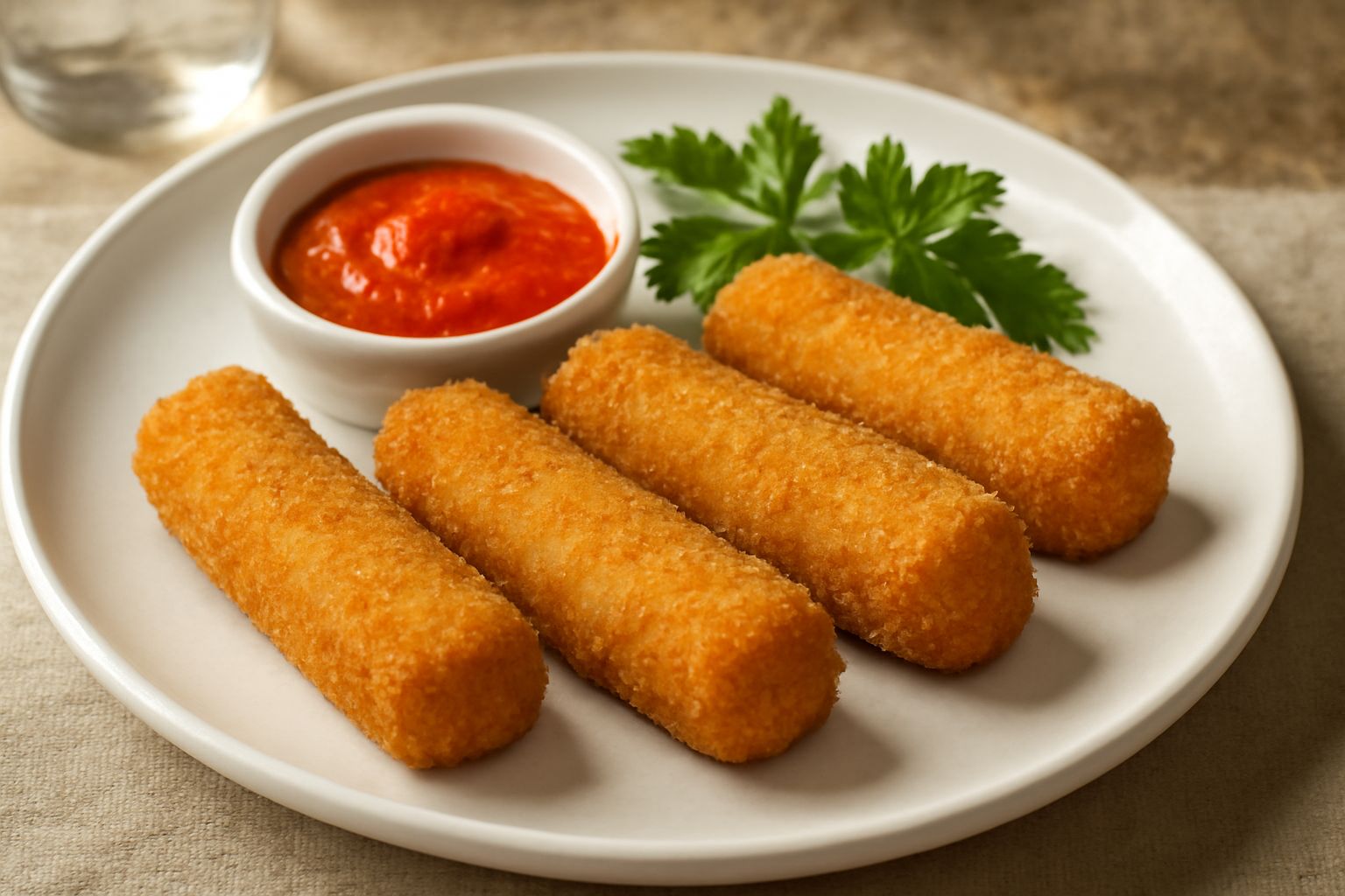 Croquette di ricotta dorate e croccanti, lunghe e affusolate, appoggiate su carta bianca con una ciotola di salsa bianca o rossa accanto, parsley fresco come guarnizione