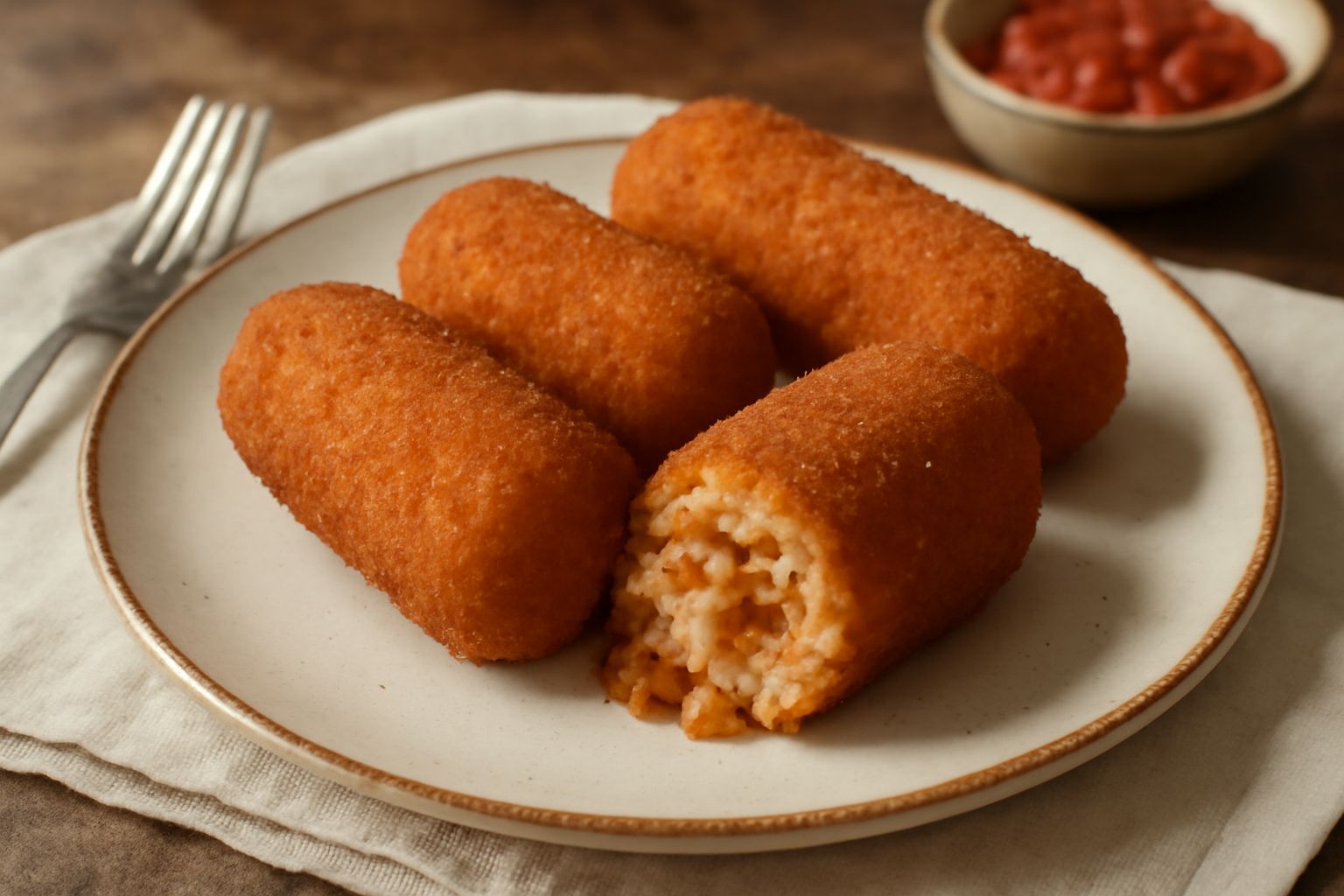 Due croquettes di riso tagliate a metà su un piatto bianco, che mostrano il ripieno di ragù e formaggio, guarnite con una foglia di prezzemolo fresco