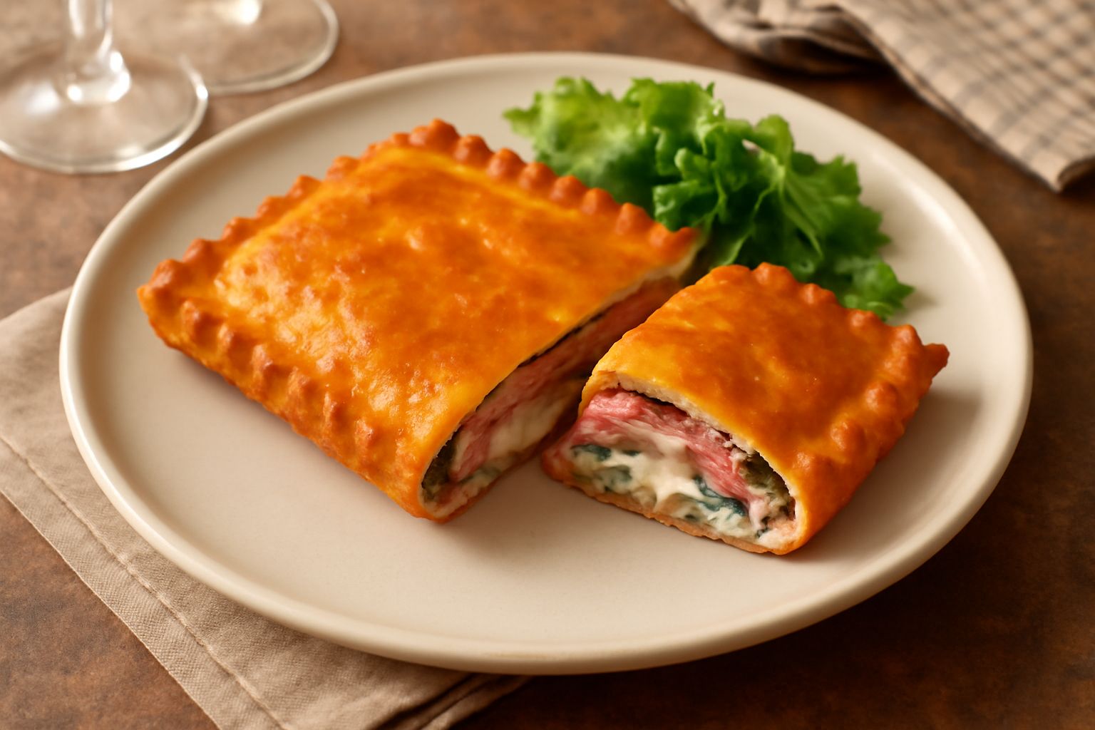 Rettangolo di pasta fritta dorato tagliato a metà, che mostra il ripieno di salumi rosa, formaggio bianco e verdure verdi, servito su un piatto bianco
