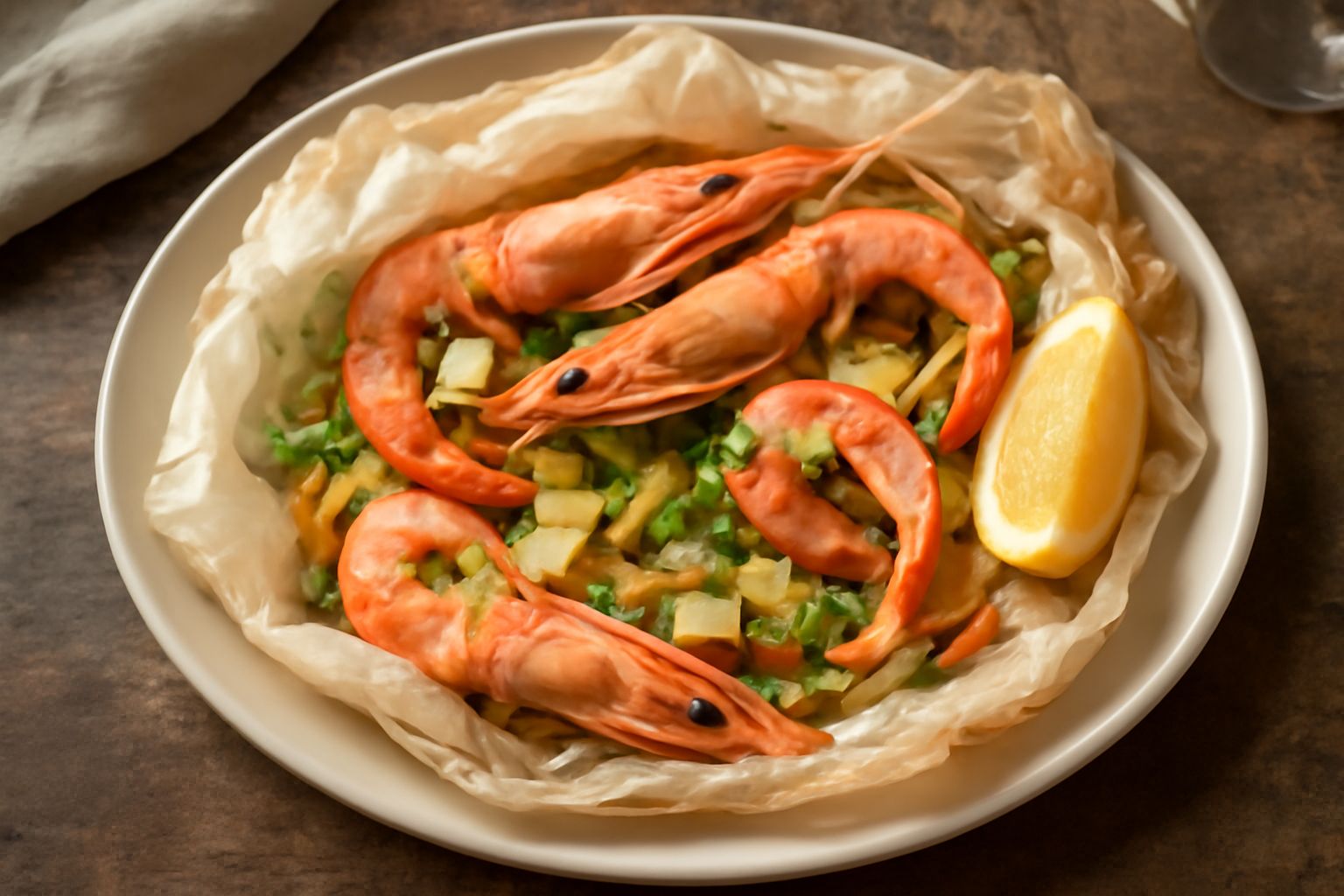 Cartoccio di carta bianca aperto nel piatto, con gamberi rosa salmone, fette di limone, prezzemolo fresco verde e una leggera traccia di vapore ancora visibile, gocce di olio lucido sugli ingredienti