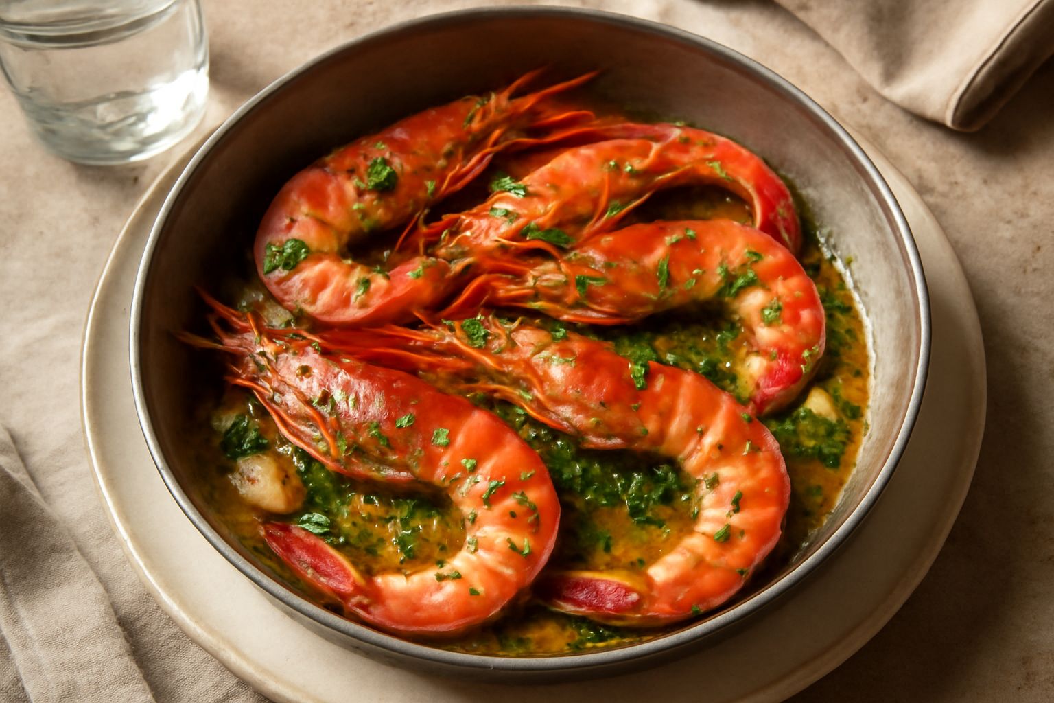 Gamberi rossi interi disposti in una padella in terracotta, con aglio fresco affettato, prezzemolo verde brillante, gocce di olio dorato e vino bianco. Fondo scuro. Serviti in piatto bianco con contor