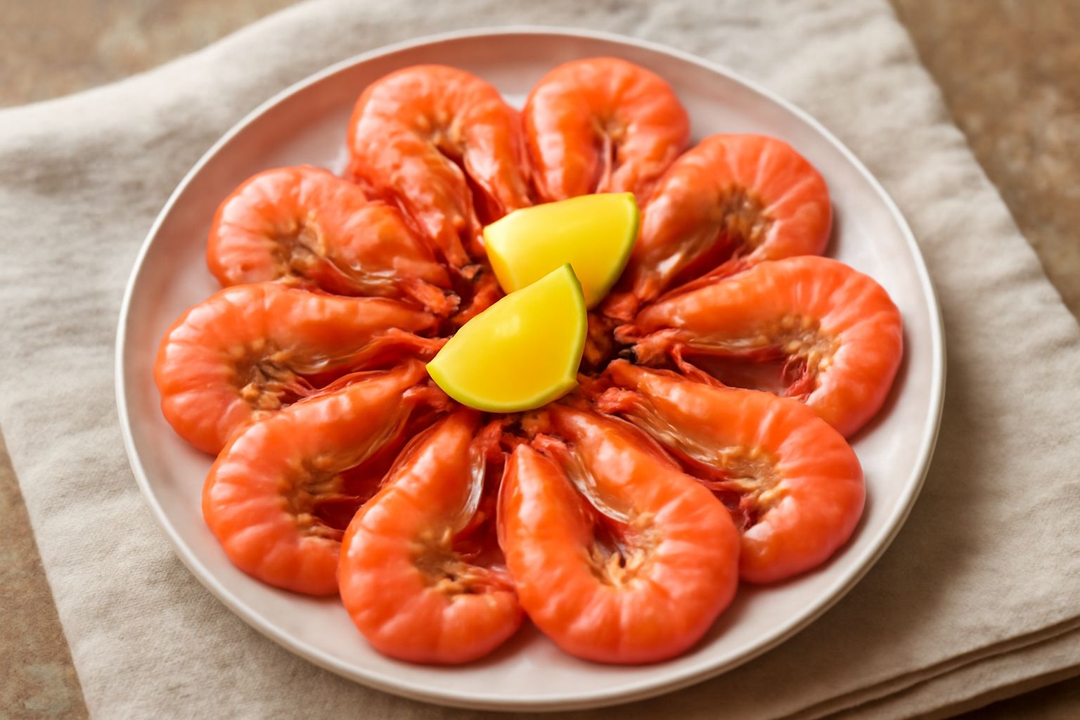 Piatto bianco con gamberi rossi bolliti, aragosta e scampi disposti intorno a una ciotola di salsa al limone, contorno di fette di limone fresco e prezzemolo verde