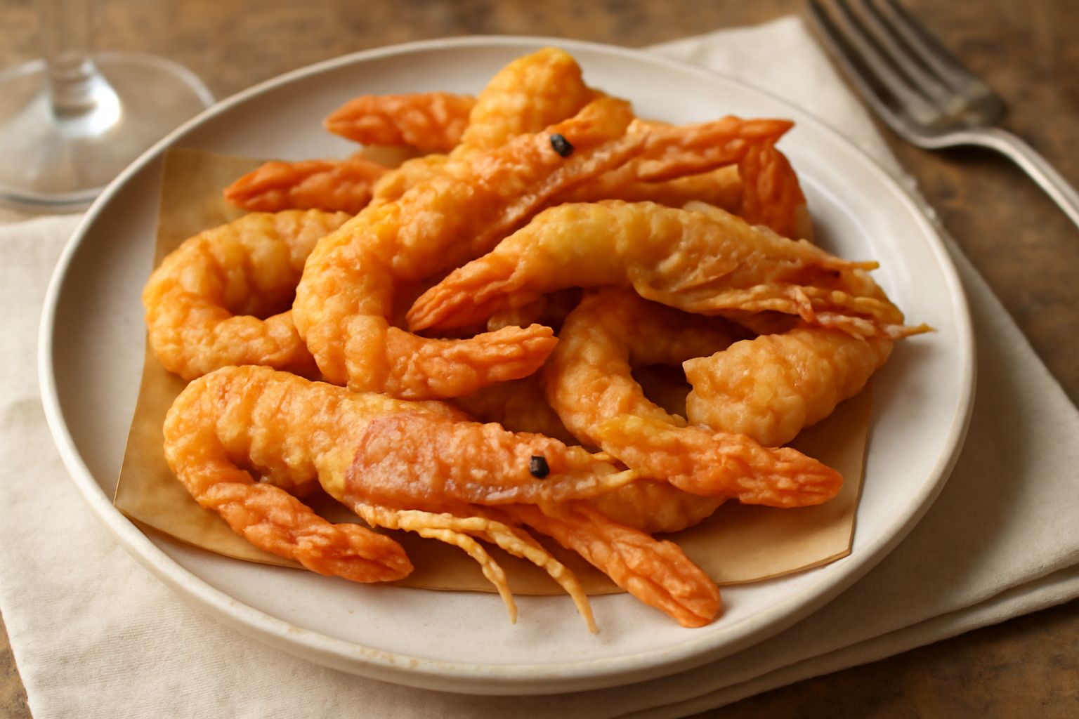 Crostacei fritti dorati su carta assorbente bianca, gamberoni e scampi croccanti con pastella dorata, bucce trasparenti ancora visibili, limone fresco e sale grosso accanto