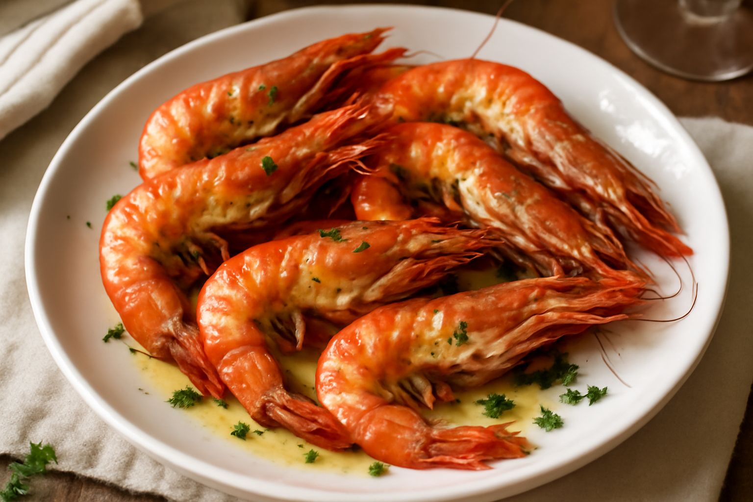 Gamberoni rossi e arricciati appena sfornati, disposti su un piatto bianco con spicchi di limone e prezzemolo fresco tritato, gocce di olio di oliva visibili